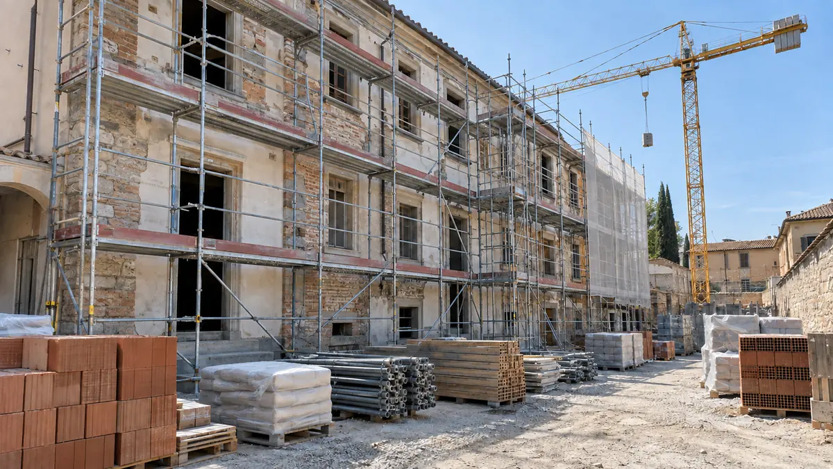 Cantiere di ristrutturazione con ponteggi montati sulla facciata