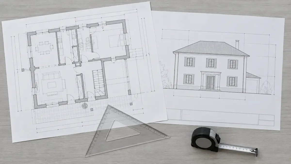Disegni tecnici, planimetria quotata e strumenti da disegno su un tavolo da lavoro