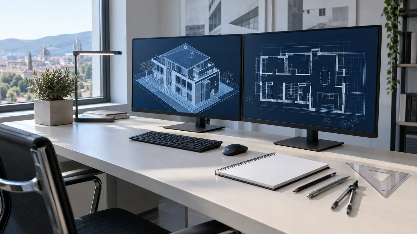 Postazione dello studio: sul monitor di sinistra il modello tridimensionale di un edificio, su quello di destra la pianta quotata